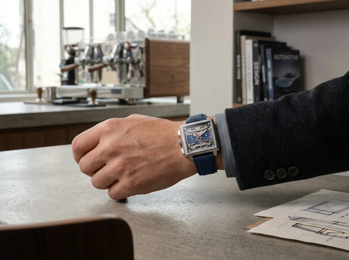 TAG Heuer Monaco Evergraph CEW5181 worn on wrist, skeletonised blue dial, rubber strap, natural light