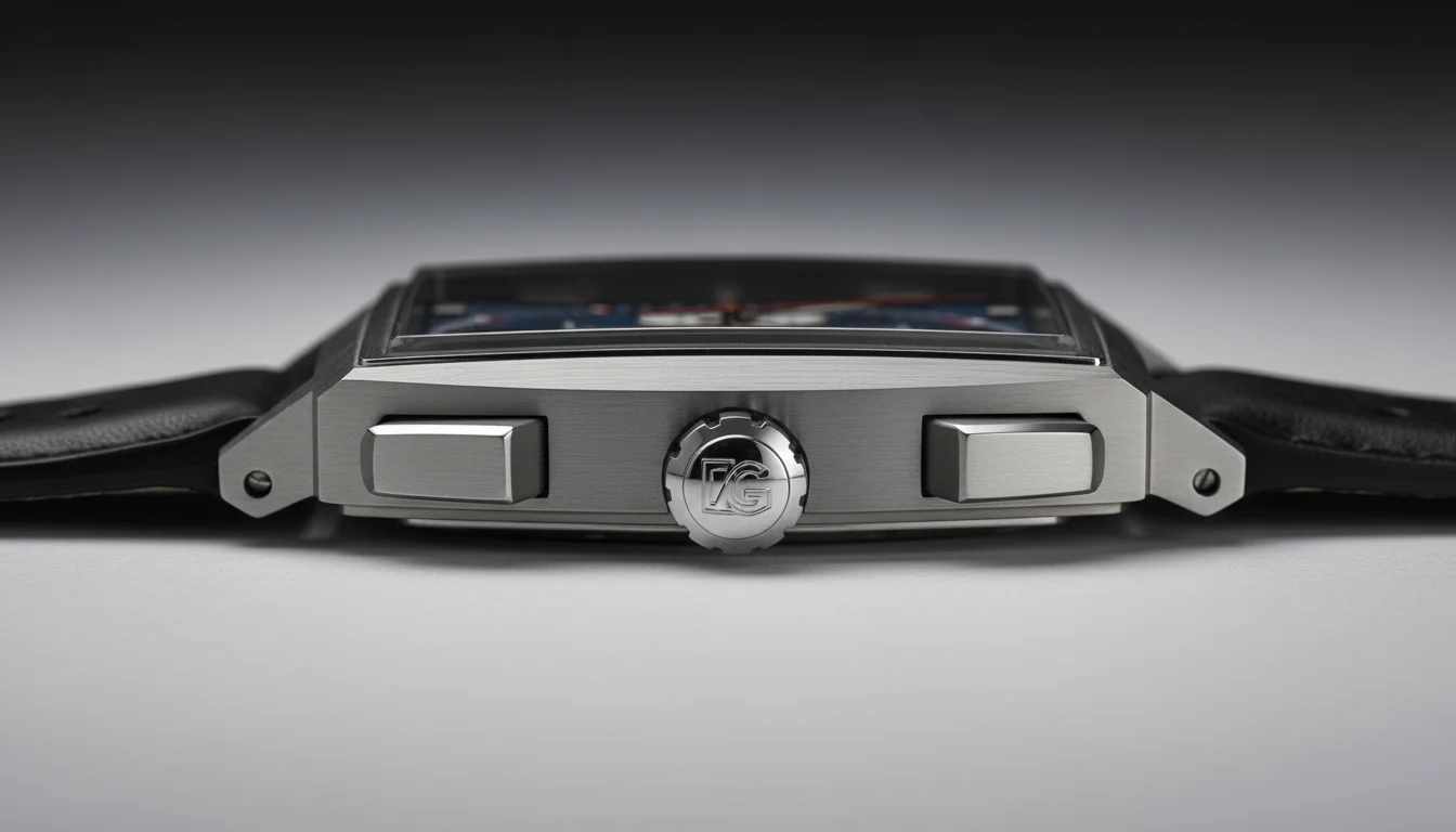 Macro of a chronograph watch's twin pushers and left-hand crown on a square titanium case