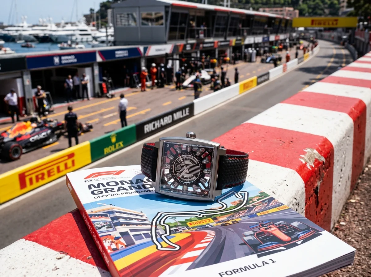 TAG Heuer Monaco Speed 12 titanium square case at Monaco Grand Prix pit lane with race programme