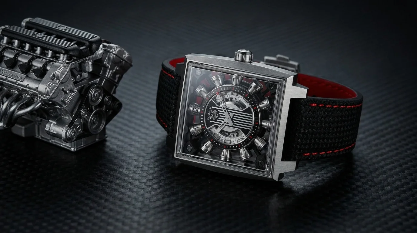 TAG Heuer Monaco Speed 12 WBW2180 titanium piston jumping hour on carbon fibre surface, moody studio editorial
