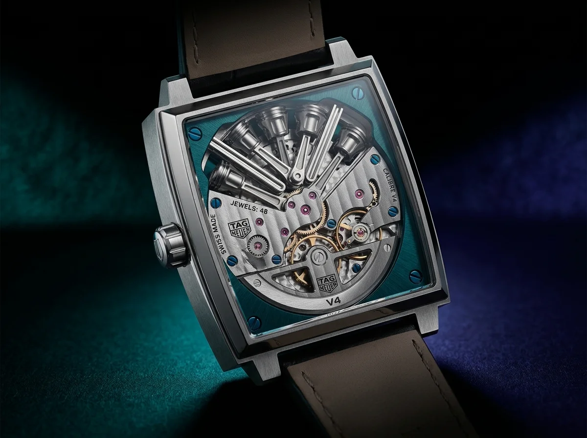TAG Heuer Monaco Speed 12 caseback view showing TH84-00 automatic movement piston mechanism architecture