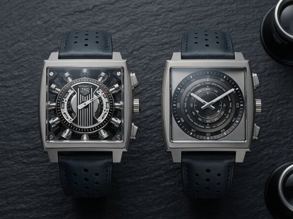 TAG Heuer Monaco Speed 12 beside Monaco Evergraph comparison flat lay on dark slate, both titanium square cases