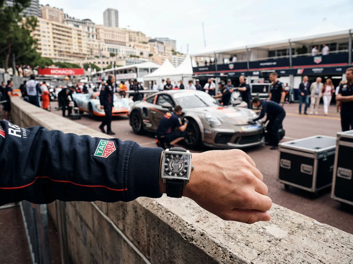 TAG Heuer Monaco Speed 12 square titanium watch worn on wrist, racing driver jacket, outdoor paddock setting