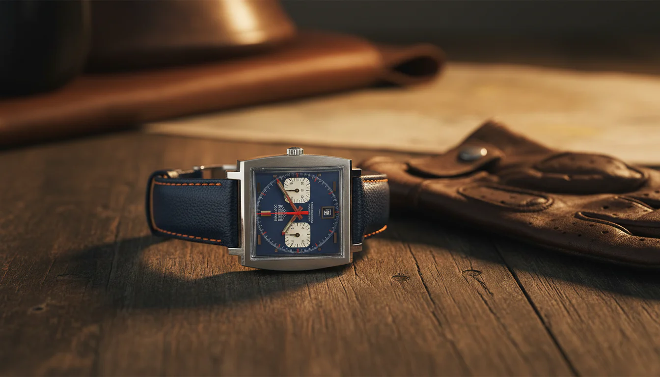 Vintage-style square chronograph watch with blue dial and orange accented hands styled with racing gear