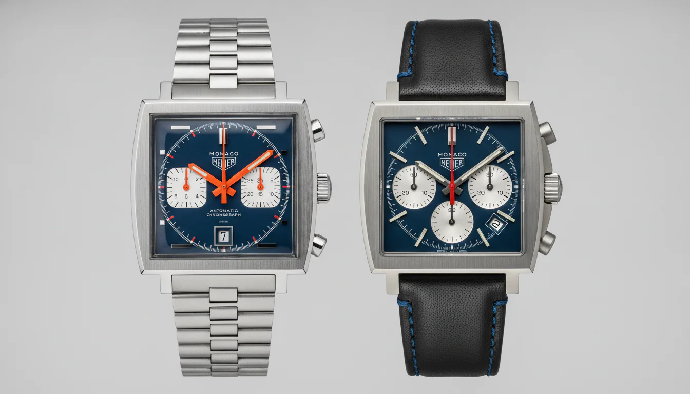 Vintage and modern TAG Heuer Monaco square chronograph watches shown side by side