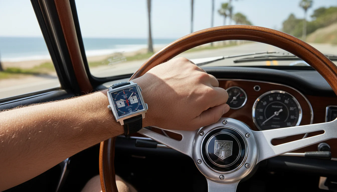 Wrist wearing a TAG Heuer Monaco square chronograph watch resting on a classic sports car steering wheel