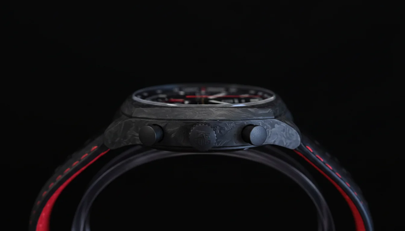 TAG Heuer Monza Flyback Chronograph Carbon case side profile showing forged carbon texture and crown