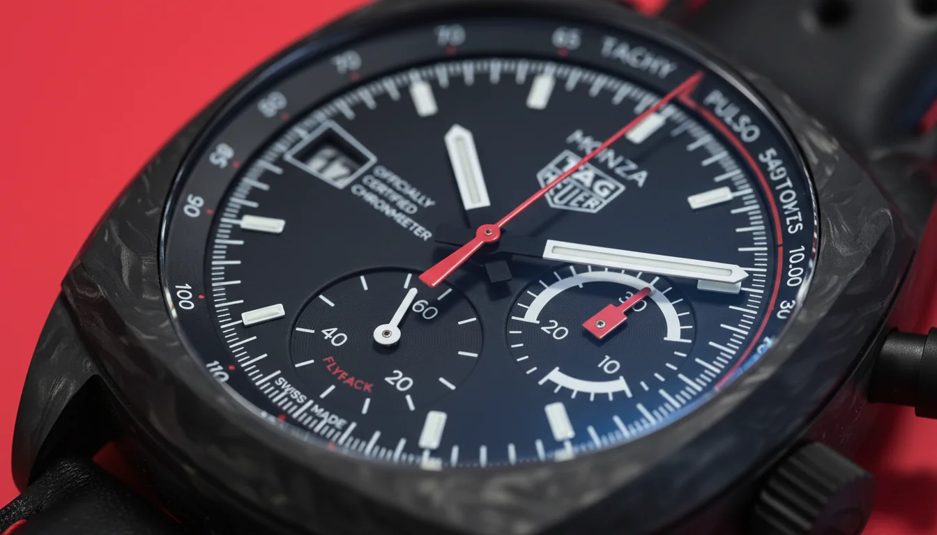Macro shot of TAG Heuer Monza Flyback Chronograph Carbon dial showing chronometer certification text