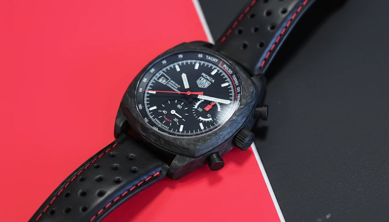 TAG Heuer Monza Flyback Chronograph Carbon watch front view on red and black surface
