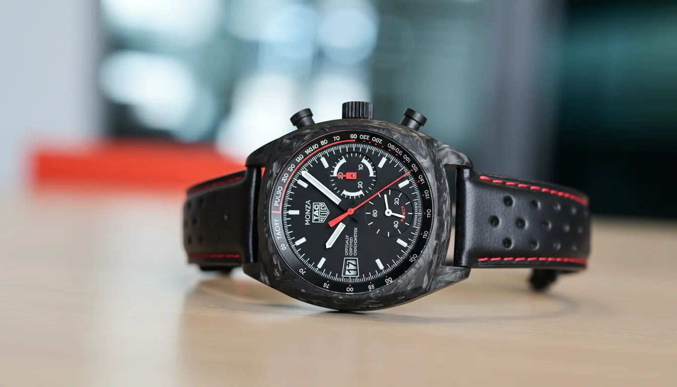 TAG Heuer Monza Flyback Chronograph Carbon watch low angle shot on wood table