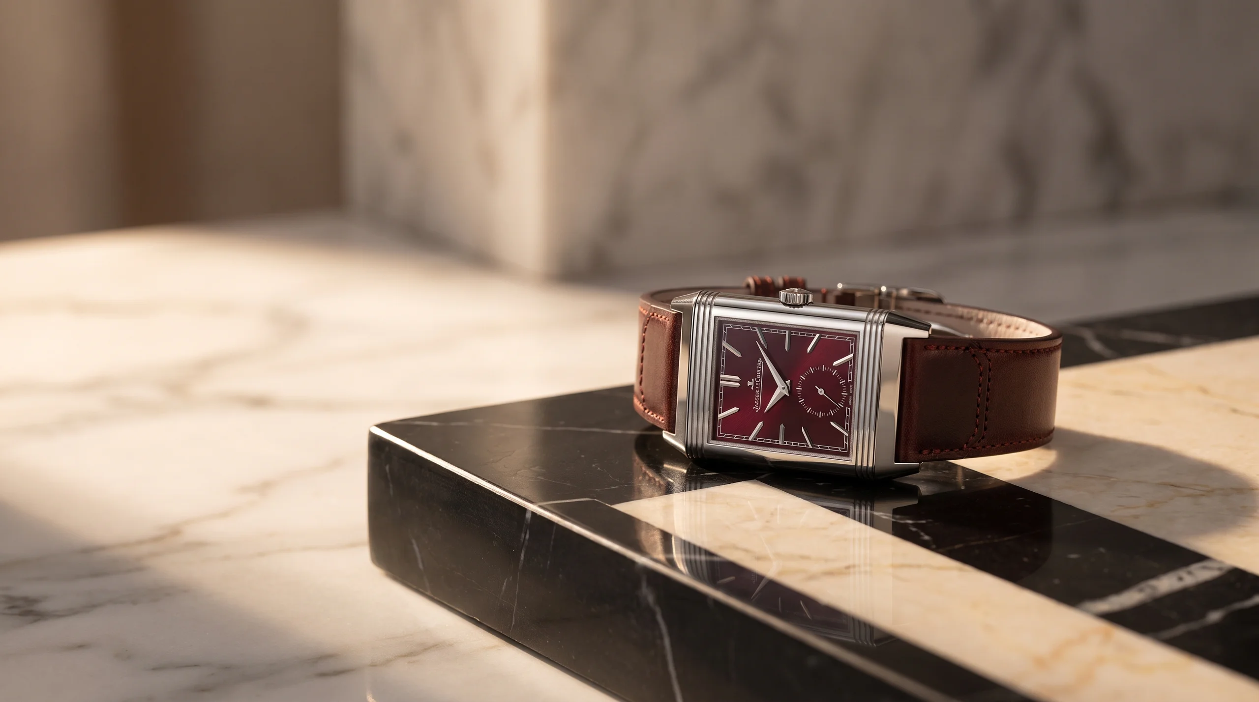 Jaeger-LeCoultre Reverso Tribute with burgundy dial, the Art Deco flip-case rival to the Cartier Tank