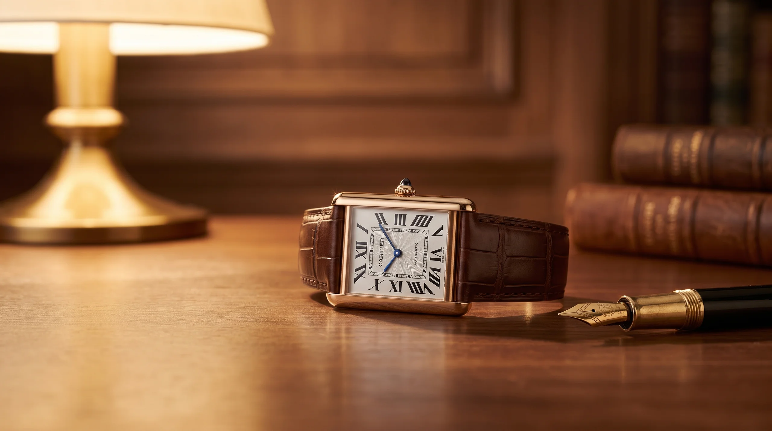 Gold Cartier Tank Louis Cartier on a walnut desk, the pure elegance side of the Tank vs Reverso choice