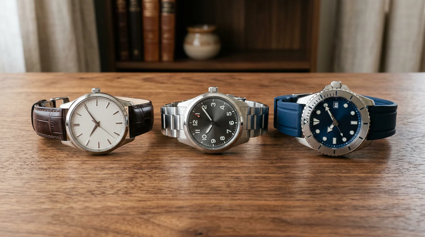 Three steel wristwatches arranged in a row representing three different buying paths