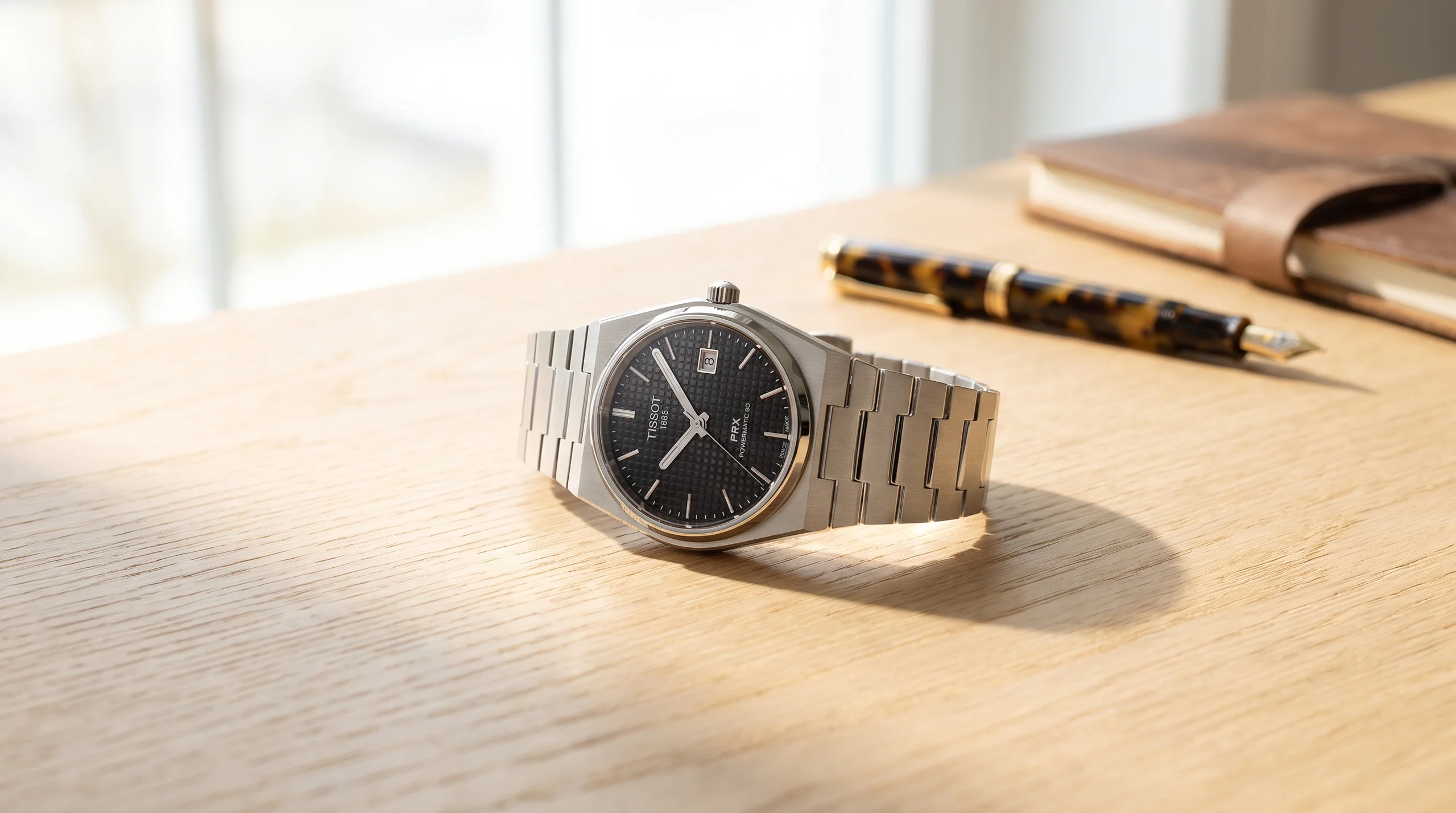 Tissot PRX Powermatic 80 blue dial on a sunlit oak desk