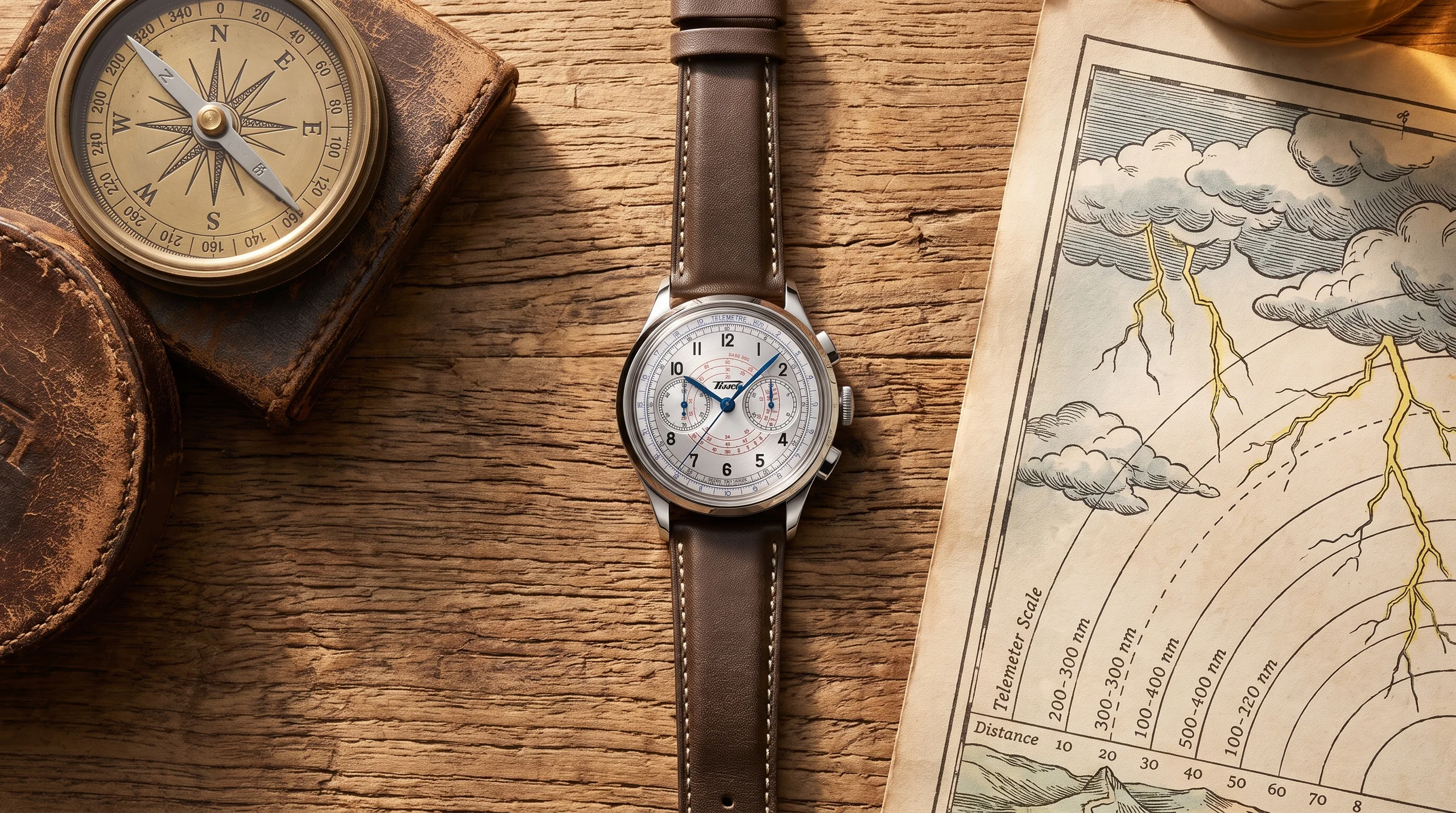 Tissot Telemeter 1938 Chronograph beside a vintage compass and an illustrated telemeter storm-distance chart