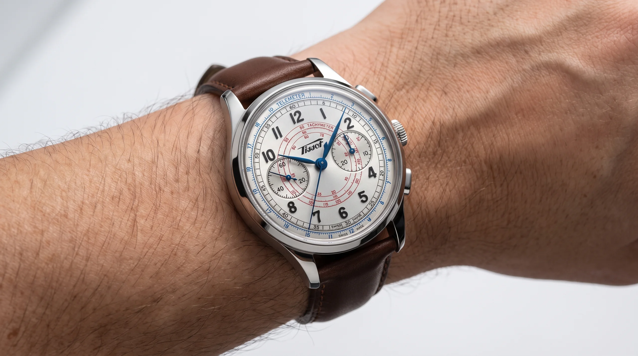 Tissot Telemeter 1938 Chronograph worn on wrist, front angle showing the blue telemeter scale
