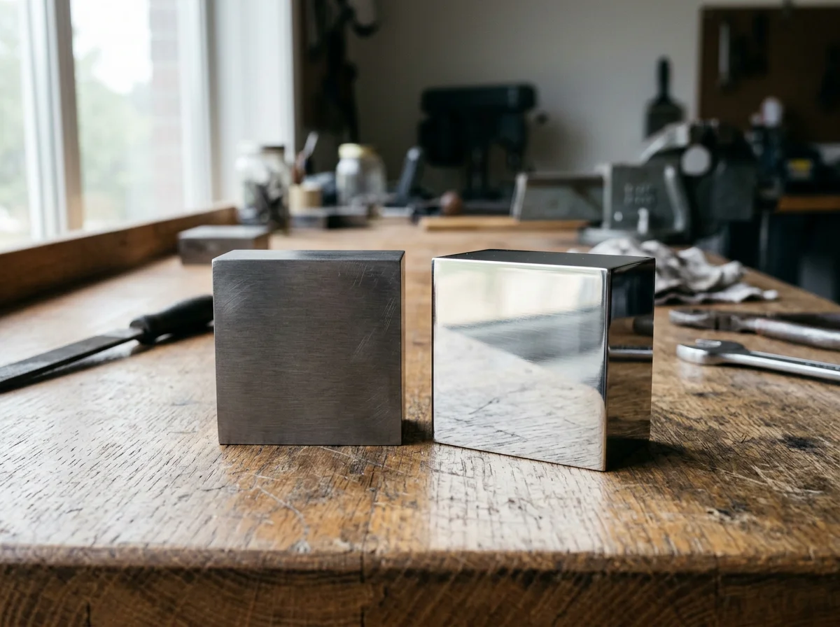 A brushed titanium block beside a polished steel block on a workshop bench