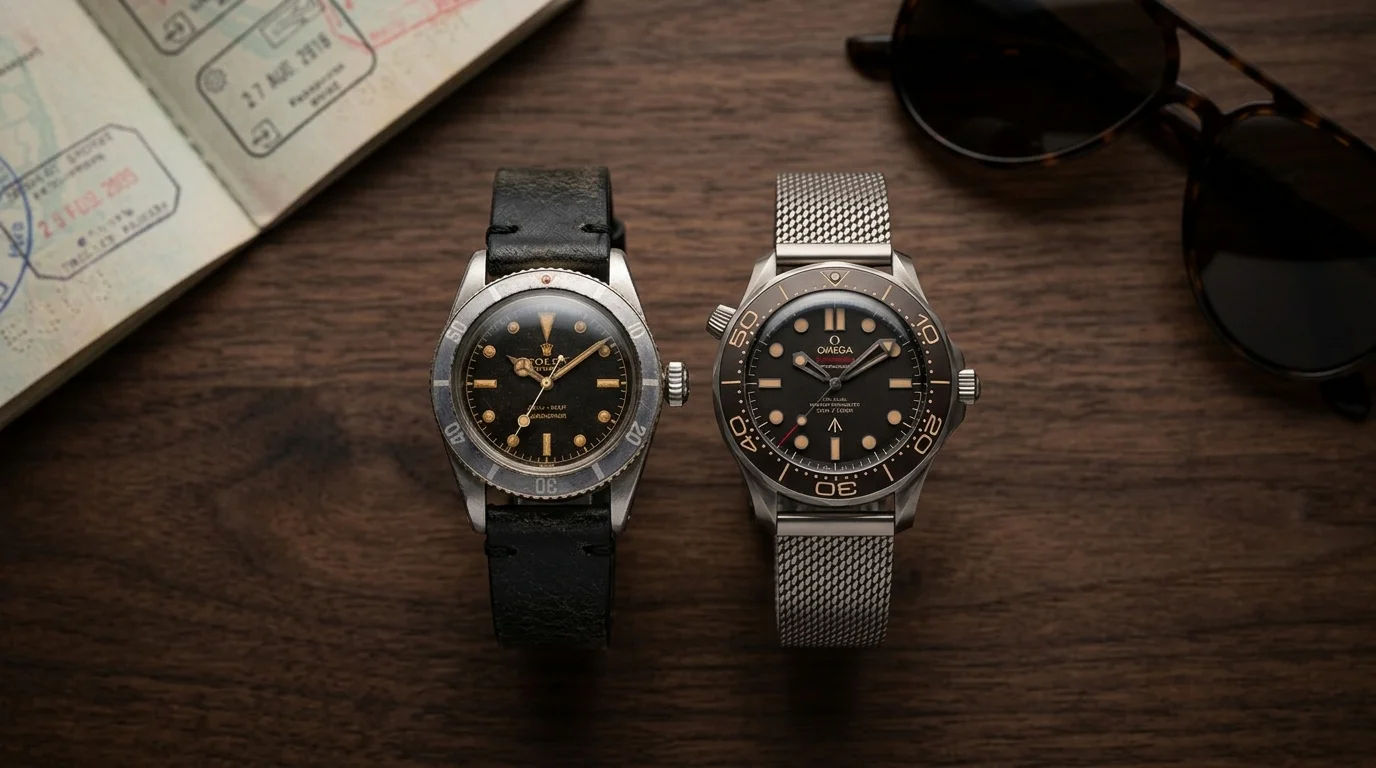 A vintage Rolex Submariner and a modern titanium Omega Seamaster, two eras of James Bond's watch, displayed together on a dark desk