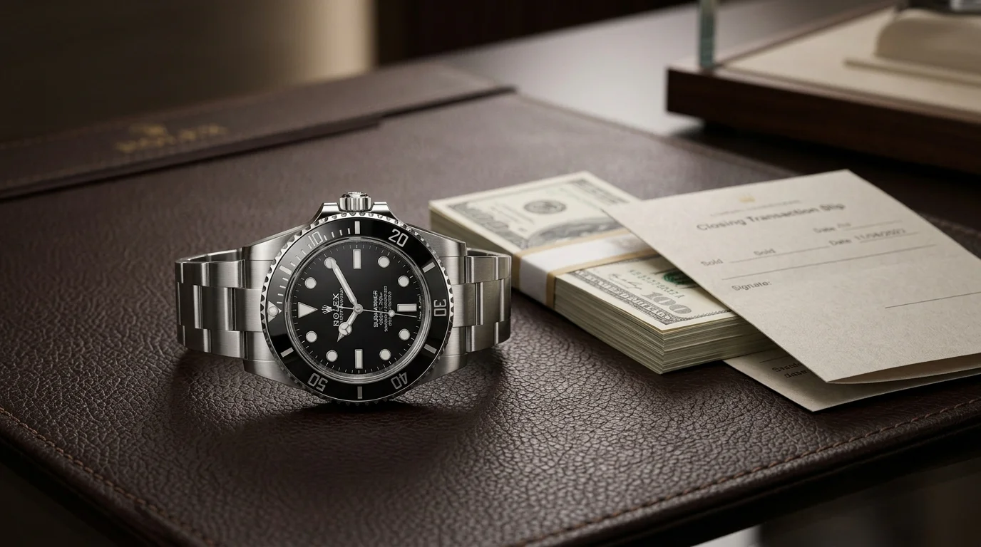 A Rolex Submariner beside cash and a closing transaction slip on a dealer's counter