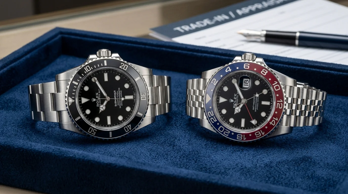 A Rolex Submariner and Rolex GMT-Master II side by side on a jeweler's tray during a trade-in appraisal