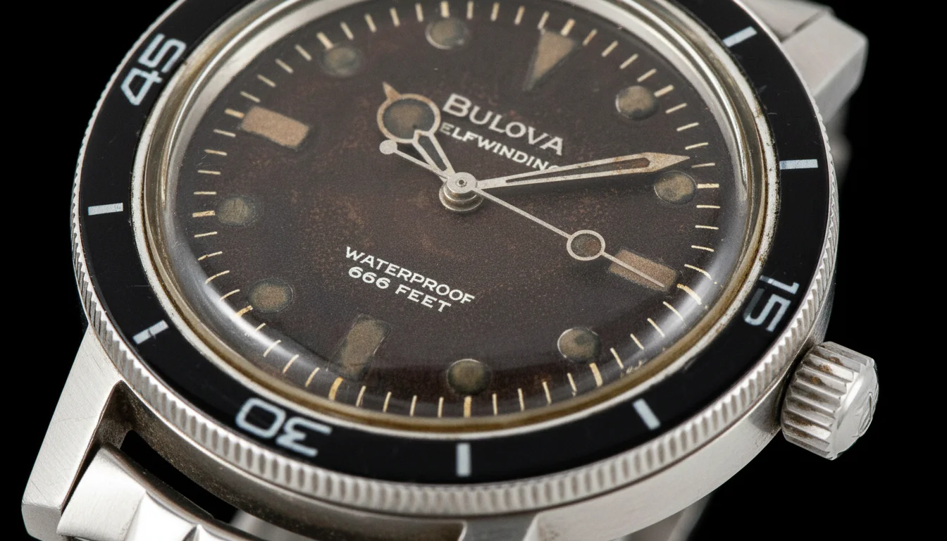 Vintage Bulova Snorkel dive watch with a tropical brown dial, macro close-up