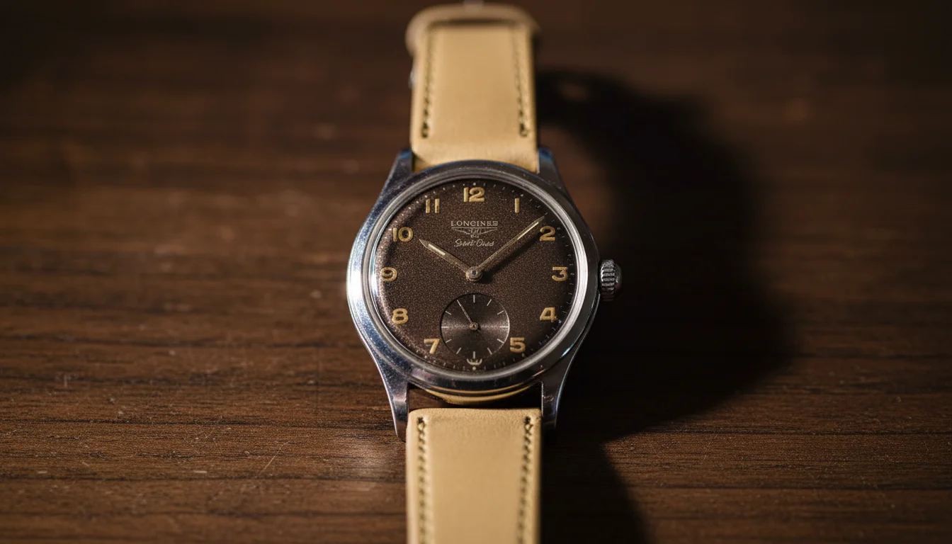 Vintage Longines dive watch with a tropical brown dial, front view