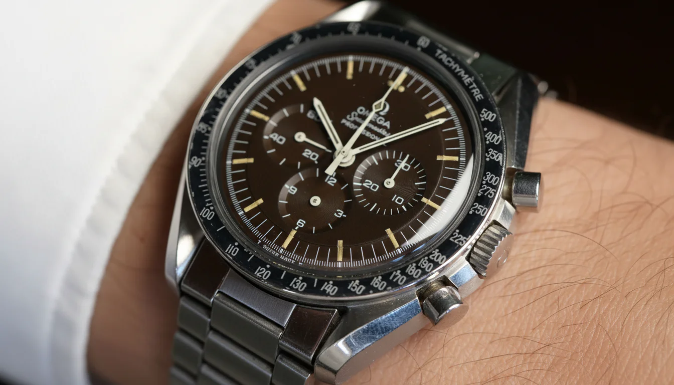 Vintage Omega Speedmaster with a tropical brown dial worn on the wrist