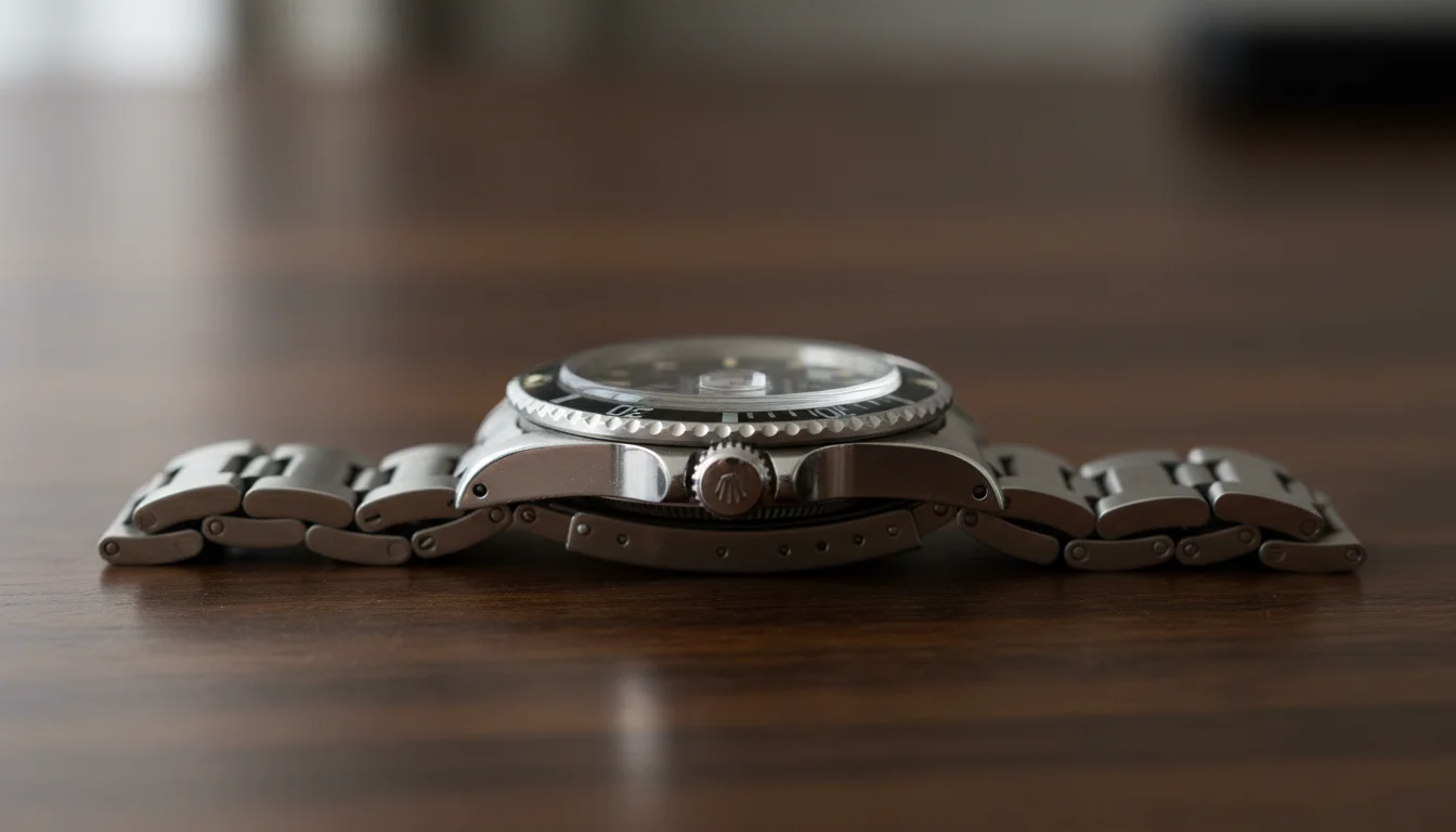 Vintage Rolex Submariner case side profile showing the crown and steel bracelet
