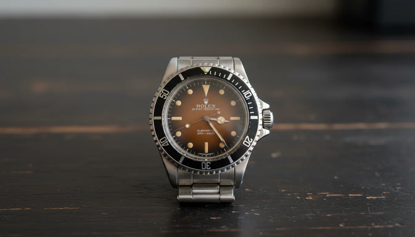 Vintage Rolex Submariner with a faded brown tropical dial, macro front view