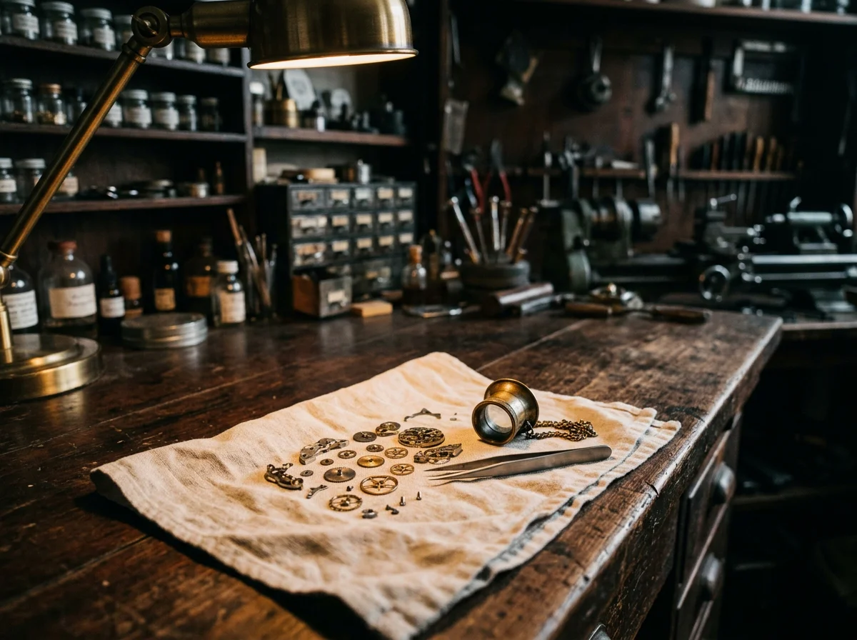Watchmaker's bench with a loupe, tweezers, and movement parts