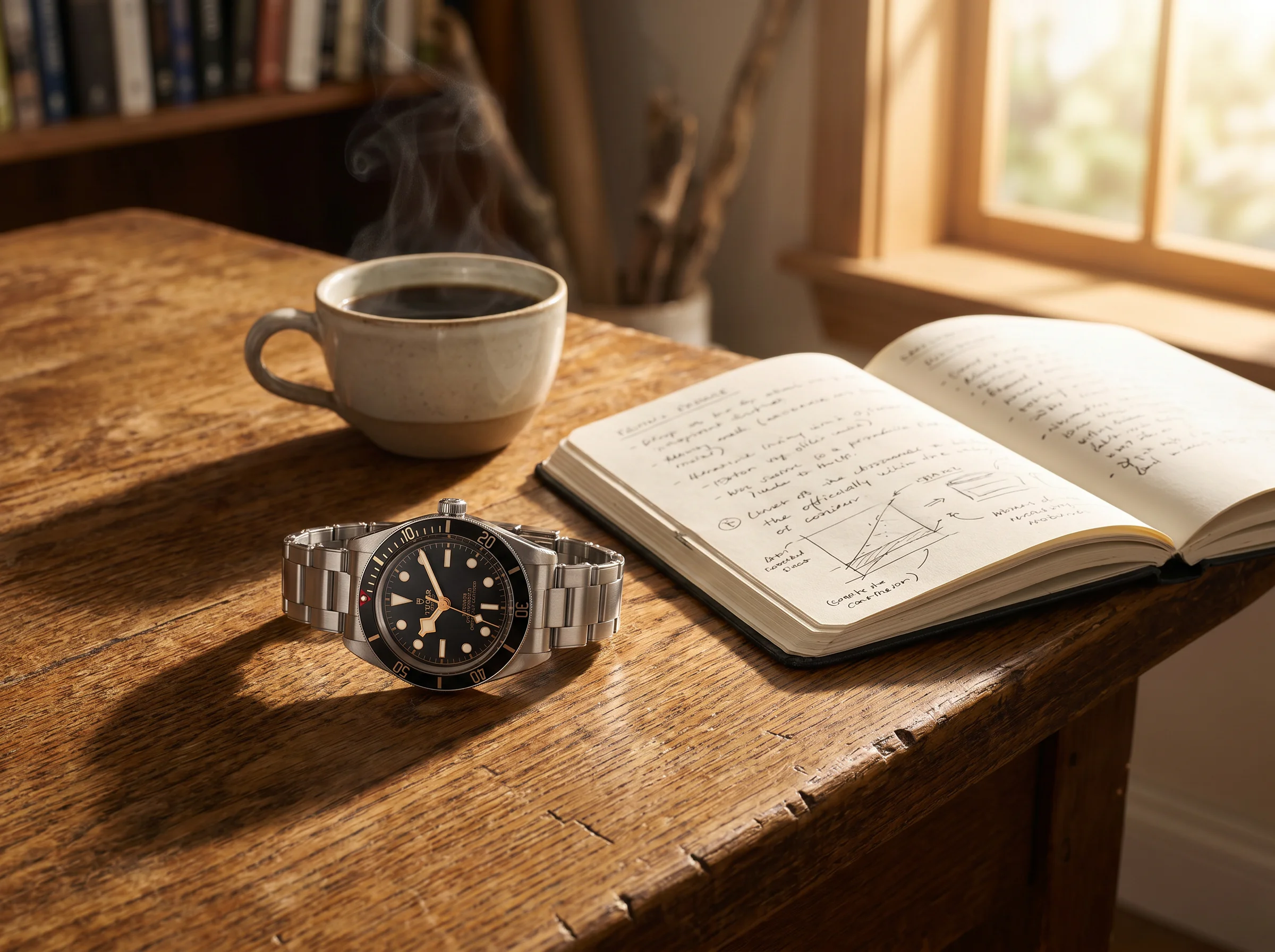 Tudor Black Bay Fifty-Eight 79030N resting on a worn oak desk beside an open notebook and black coffee