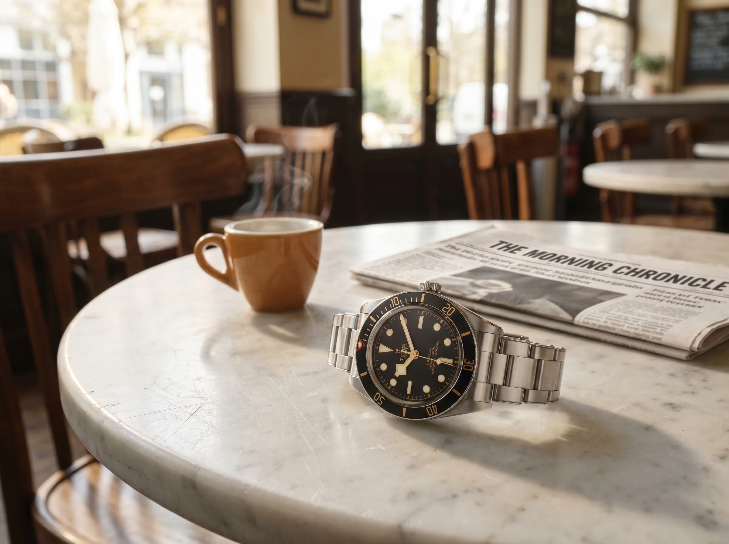 Tudor Black Bay 58 in black and gilt on a marble cafe table beside an espresso cup