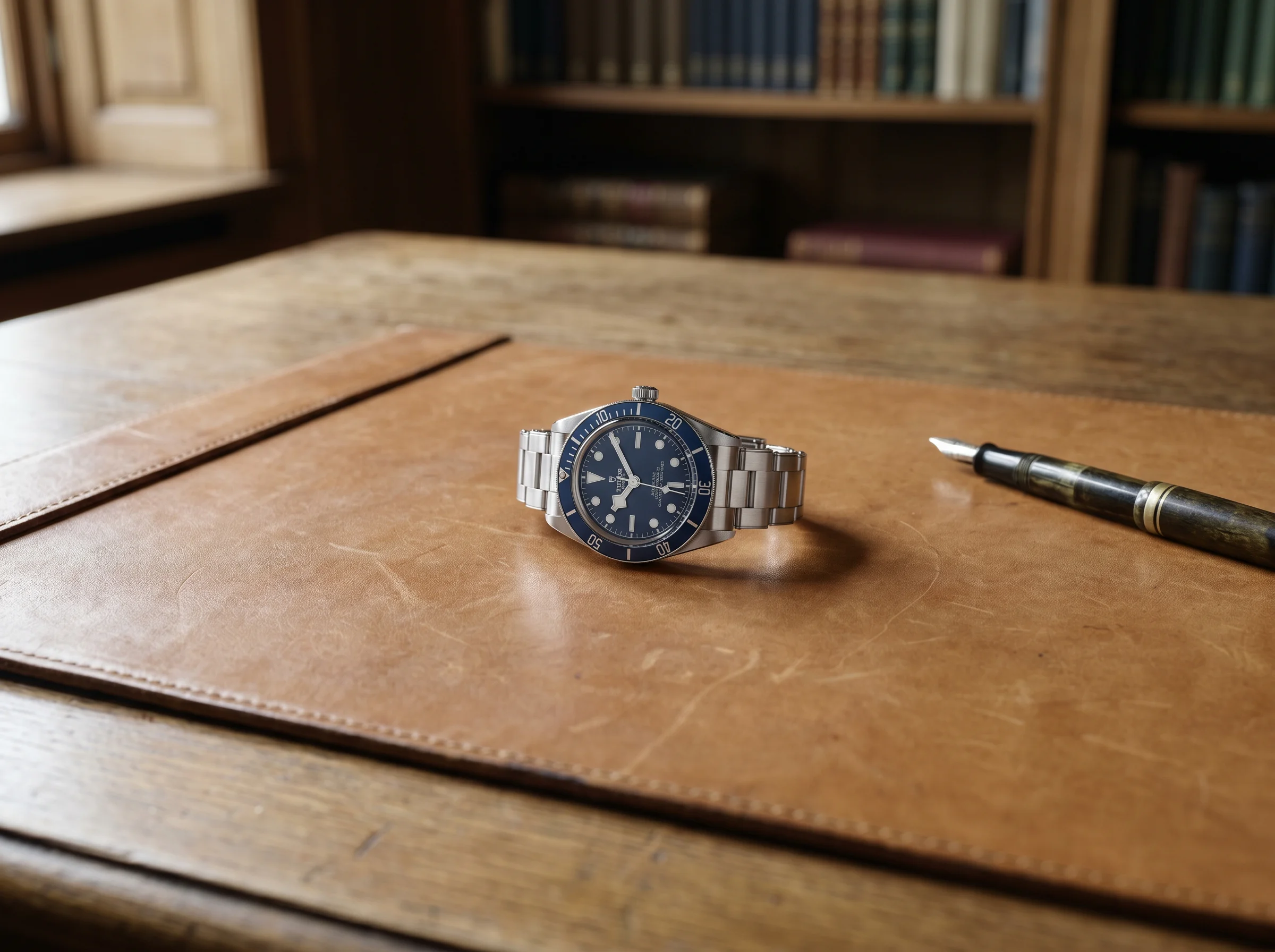 Tudor Black Bay 58 in steel with navy blue dial and snowflake hand on a tan leather pad