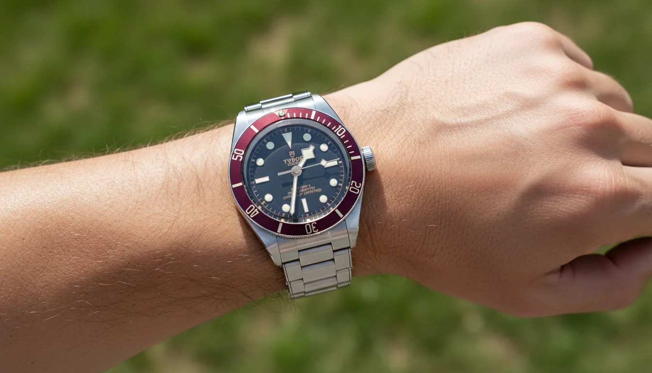 First person point of view wrist shot wearing a Tudor Black Bay 58