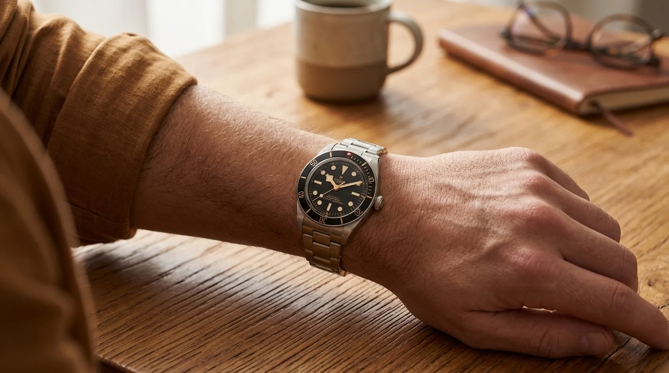 Tudor Black Bay 58 on a leather strap worn on the wrist in warm afternoon light