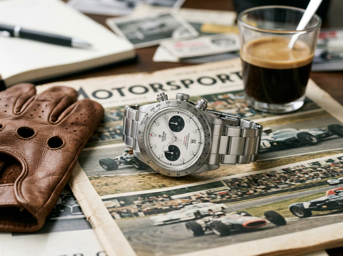 Tudor Black Bay Chrono 79360N panda configuration with white opaline dial, contrasting black sub-dials, tachymeter steel bezel, and chronograph pushers