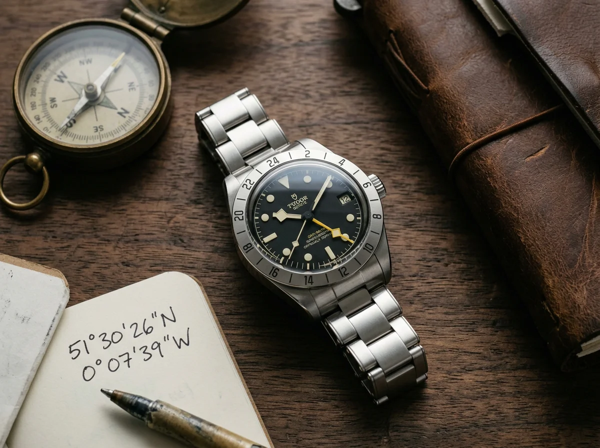 Tudor Black Bay Pro 79470 with fixed-bezel 24-hour scale, yellow GMT hand, and matte black dial on stainless steel riveted bracelet