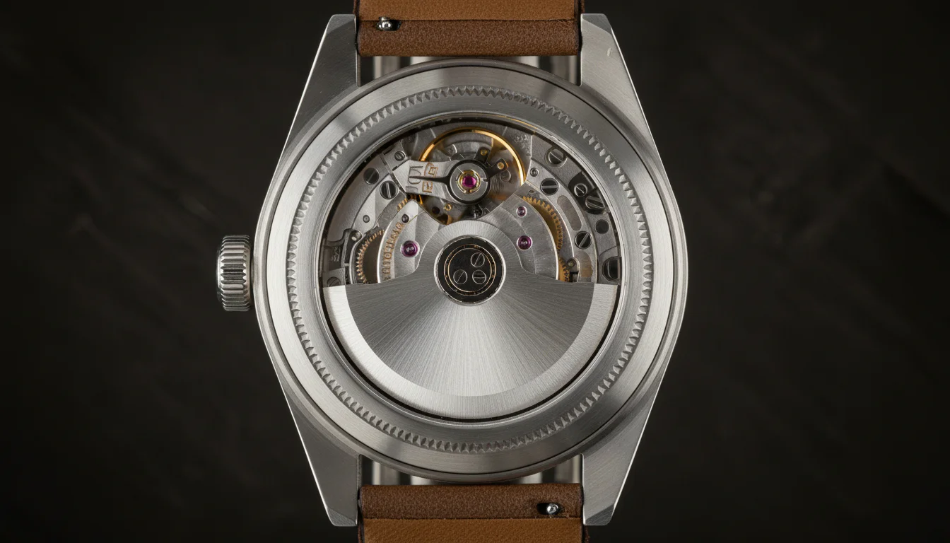 Sapphire display caseback of a Tudor Black Bay showing the finished automatic movement
