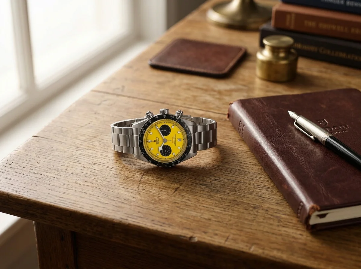 Tudor Black Bay Chrono 39 Bumblebee on wooden desk beside leather notebook, natural daylight