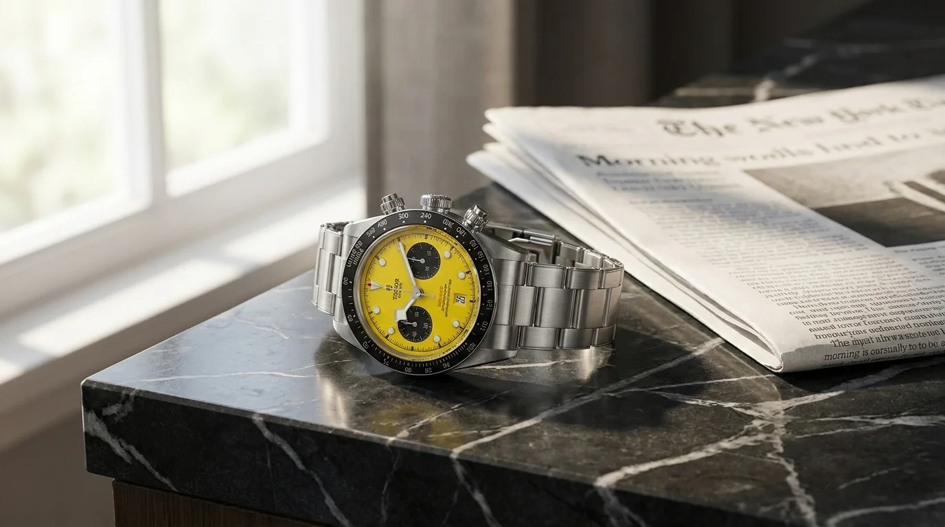 Tudor Black Bay Chrono 39 Bumblebee M79310N yellow dial on dark marble, editorial wide composition