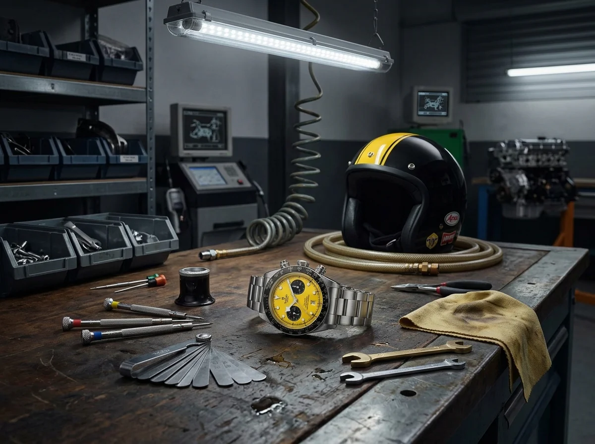 Tudor Black Bay Chrono 39 Bumblebee on garage workshop bench with tools and racing helmet in background