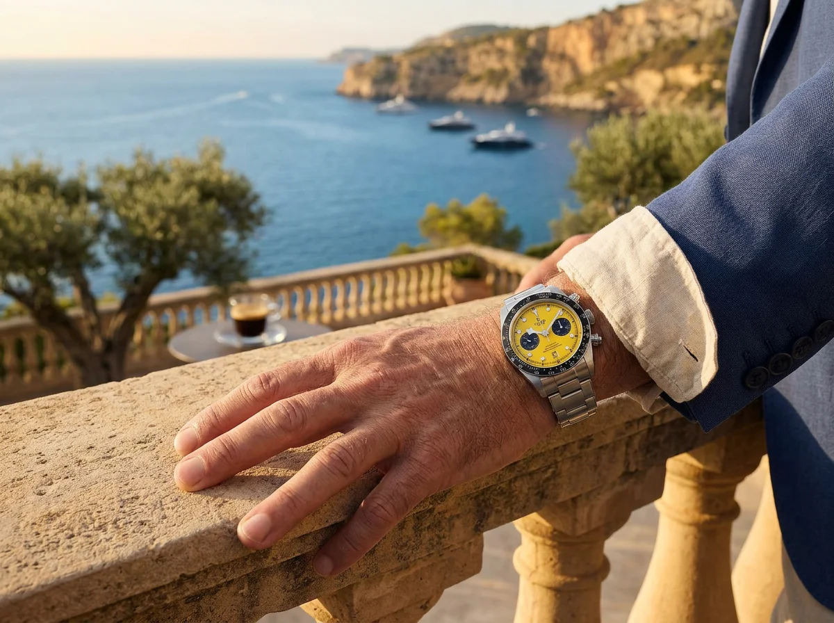 Tudor Black Bay Chrono 39 Bumblebee worn on wrist outdoors, yellow dial, satin bracelet