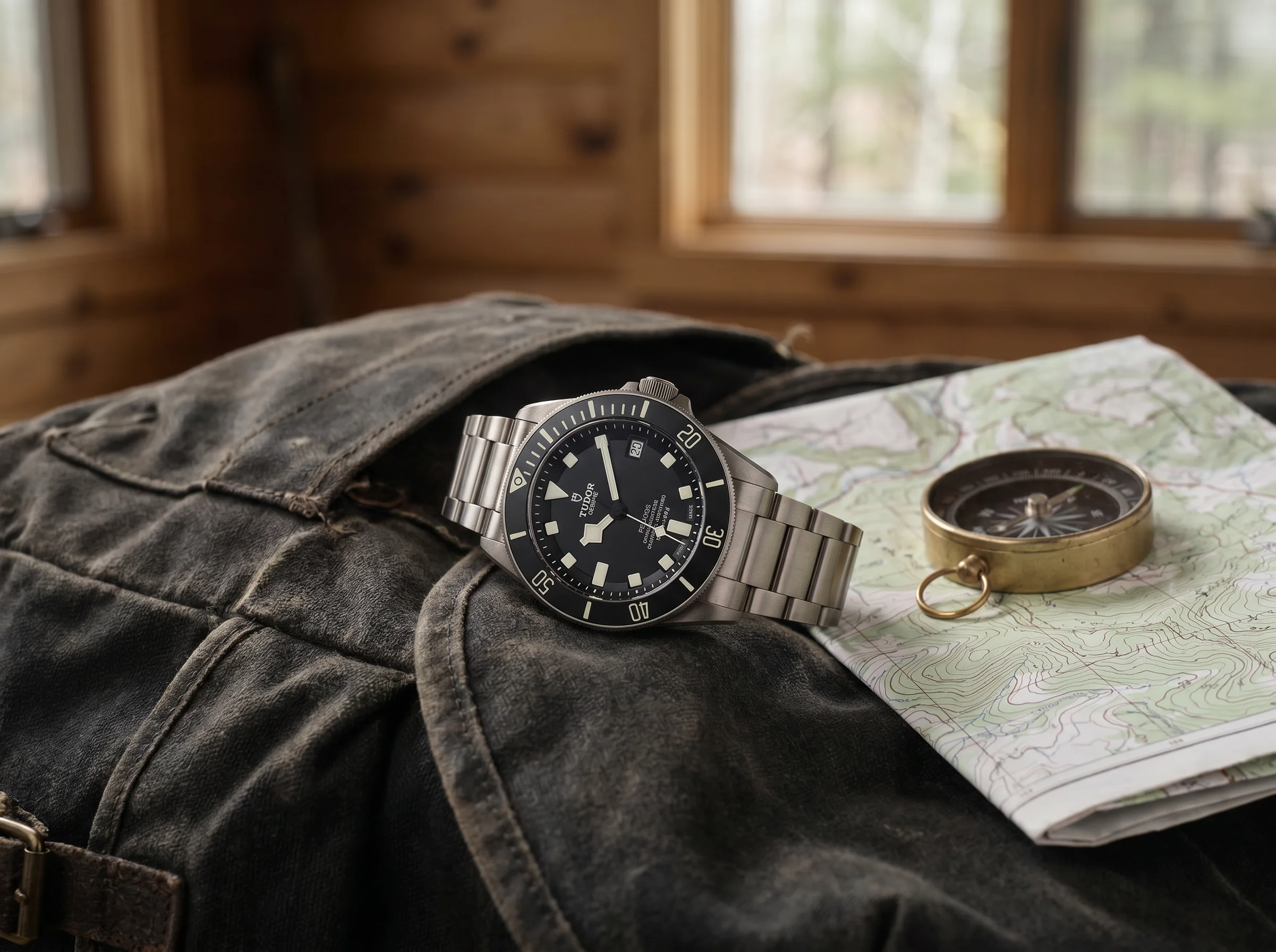 Tudor Pelagos 25600TN titanium dive watch resting on a canvas backpack beside a map and compass