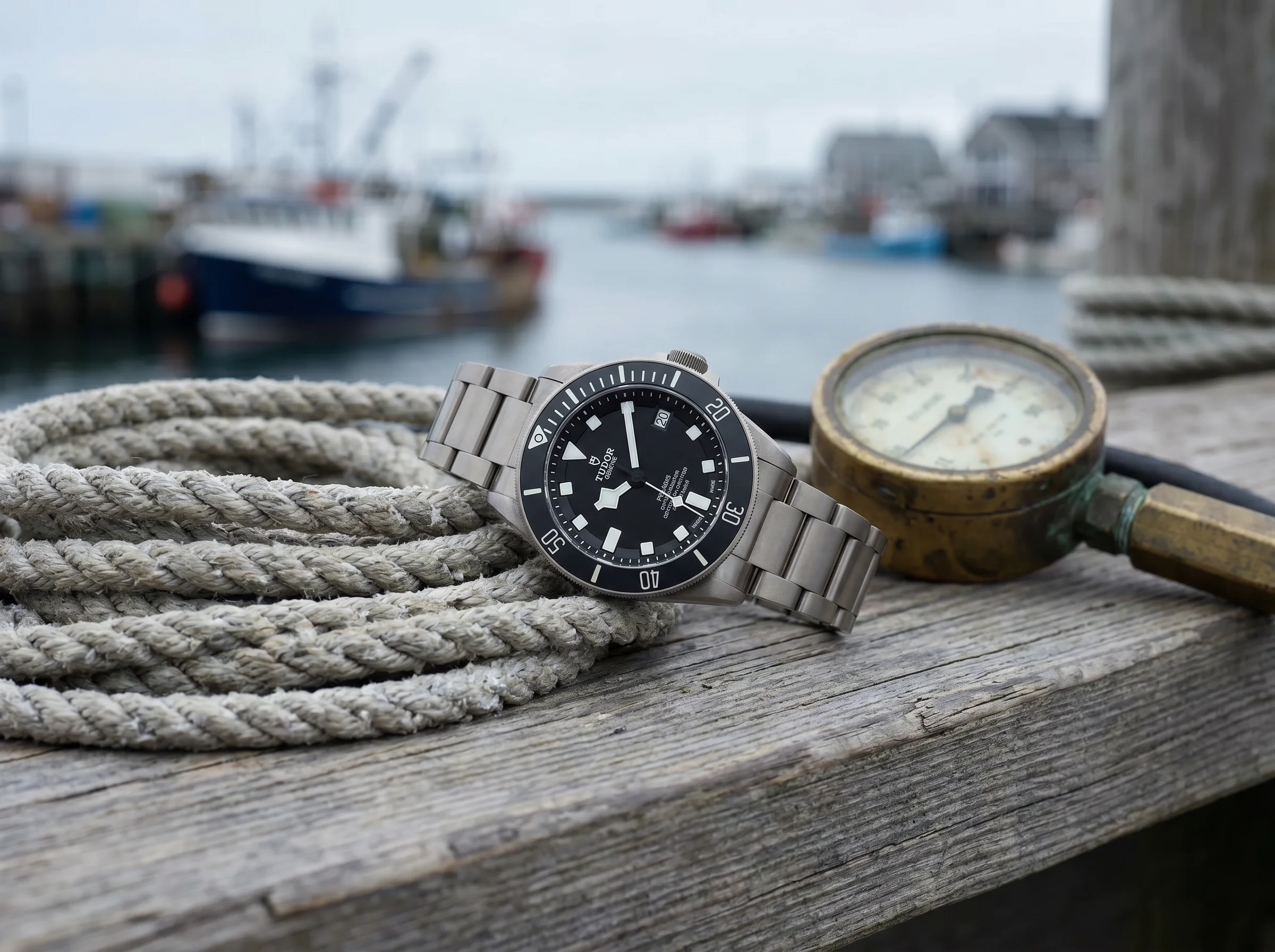 Tudor Pelagos 25600TN titanium dive watch on a weathered dock plank beside dive rope and a brass gauge