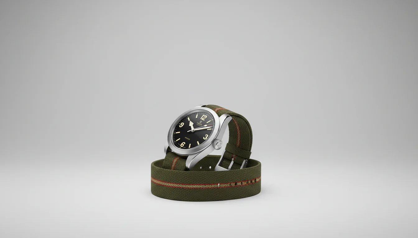 Tudor Ranger 36mm black dial watch on an olive green fabric strap