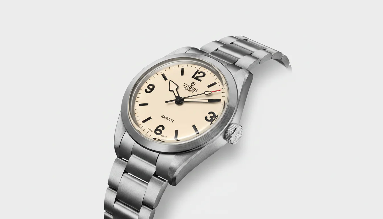 Tudor Ranger reference 79950 with beige dial and steel bracelet in studio product photography
