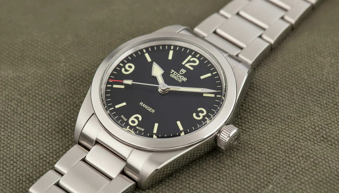 Macro shot of a Tudor Ranger dial with black domed dial and oversized Arabic numerals