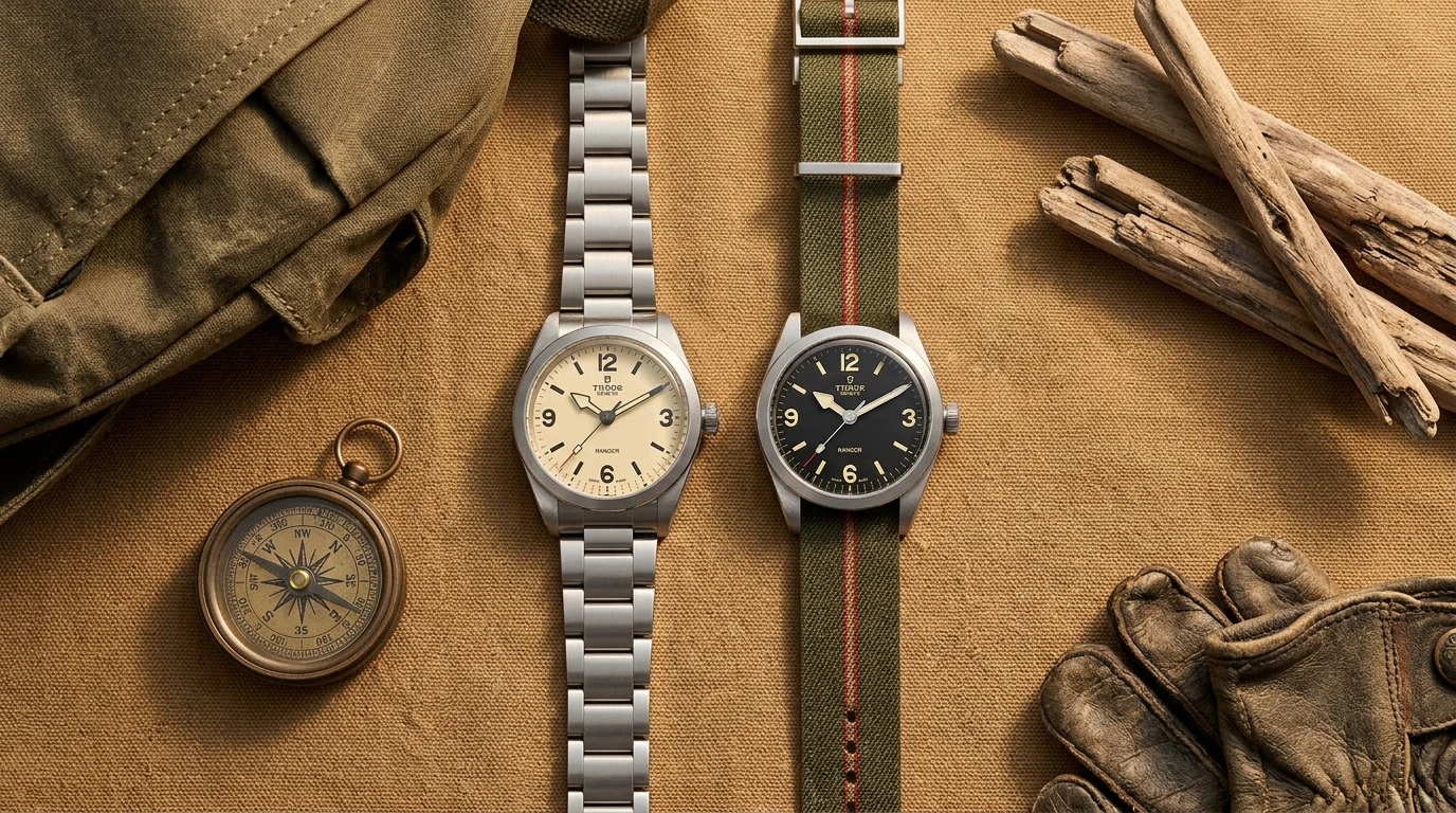 Tudor Ranger 39mm beige dial and 36mm black dial watches styled with expedition gear including a brass compass and leather journal