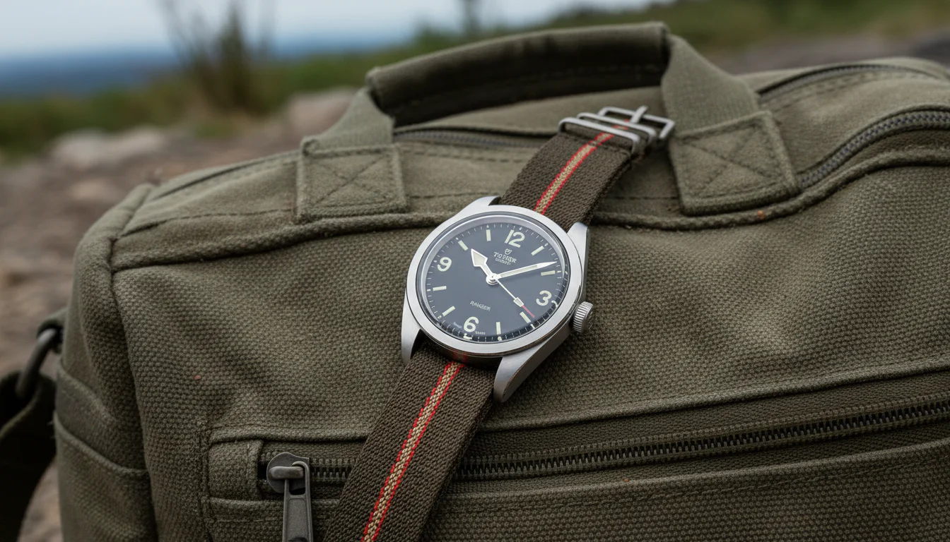 Tudor Ranger field watch resting on a canvas travel bag outdoors