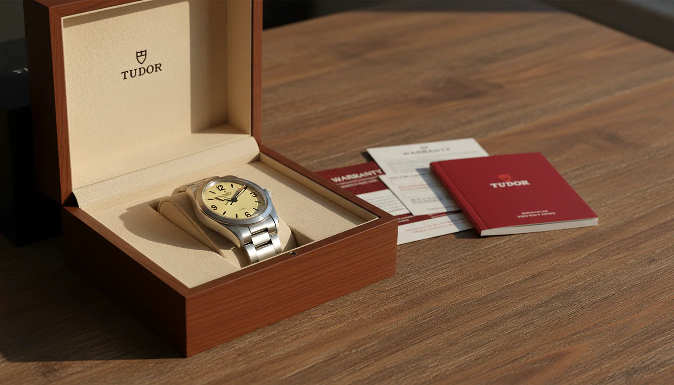 Pre-owned Tudor Ranger watch resting in its box beside warranty papers